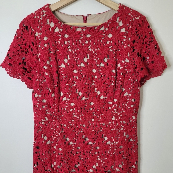 Talbots Red Floral Crochet Overlay Dress Holiday Cocktail Feminine Sheath NEW - Picture 6 of 11